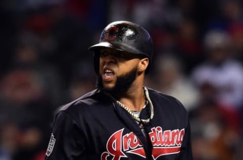 Oct 26, 2016; Cleveland, OH, USA; Cleveland Indians designated hitter Carlos Santana reacts after striking out against the Chicago Cubs in game two of the 2016 World Series at Progressive Field. Mandatory Credit: Ken Blaze-USA TODAY Sports. MLB.