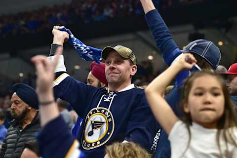 ST. LOUIS, MO – MAY 21: Blues fans celebrate in the third period during game six of the NHL Western Conference Final between the San Jose Sharks and the St. Louis Blues, on May 21, 2019, at Enterprise Center, St. Louis, Mo. (Photo by Keith Gillett/Icon Sportswire via Getty Images)