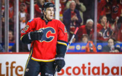 Apr 17, 2017; Calgary, Alberta, CAN; Calgary Flames defenseman Michael Stone (26) celebrates his goal against the Anaheim Ducks during the second period in game three of the first round of the 2017 Stanley Cup Playoffs at Scotiabank Saddledome. Mandatory Credit: Sergei Belski-USA TODAY Sports