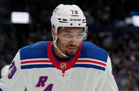 COLUMBUS, OHIO – APRIL 08: K’Andre Miller #79 of the New York Rangers look son during the second period against the Columbus Blue Jackets at Nationwide Arena on April 08, 2023, in Columbus, Ohio. (Photo by Jason Mowry/Getty Images)