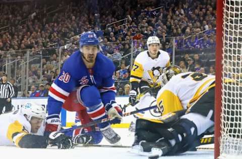 NEW YORK, NEW YORK – MARCH 16: Chris Kreider #20 of the New York Rangers scores the game-winning goal against the Pittsburgh Penguins during the third period at Madison Square Garden on March 16, 2023, in New York City. The Rangers defeated the Penguins 5-3. (Photo by Bruce Bennett/Getty Images)