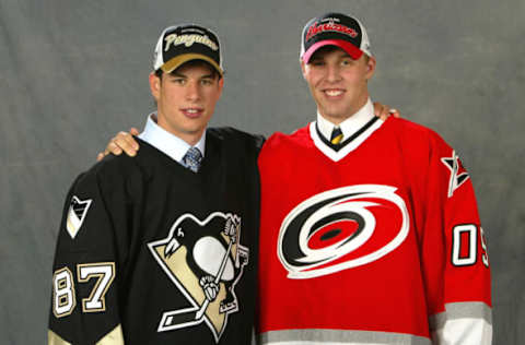 OTTAWA, ONT – JULY 30: (L-R) First overall draft pick Sidney Crosby of the Pittsburgh Penguins and third overall draft pick Jack Johnson of the Carolina Hurricanes pose for a portrait during the 2005 National Hockey League Draft on July 30, 2005 at the Westin Hotel in Ottawa, Canada. (Photo by Dave Sandford/Getty Images for NHL)