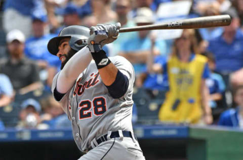 Sep 4, 2016; Kansas City, MO, USA; Detroit Tigers right fielder J.D. Martinez (28) hits a solo home run against the Kansas City Royals during the fourth inning at Kauffman Stadium. Mandatory Credit: Peter G. Aiken-USA TODAY Sports