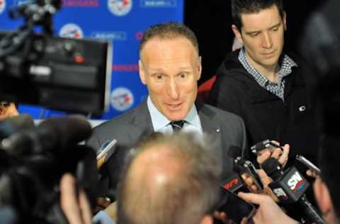 Dec 4, 2015; Toronto, Ontario, Canada; Toronto Blue Jays president Mark Shapiro conducts a media scrum after a media conference to introduce the club