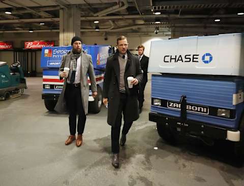 (L-R) Jake Muzzin #8 and Jason Spezza #19 of the Toronto Maple Leafs (Photo by Bruce Bennett/Getty Images)