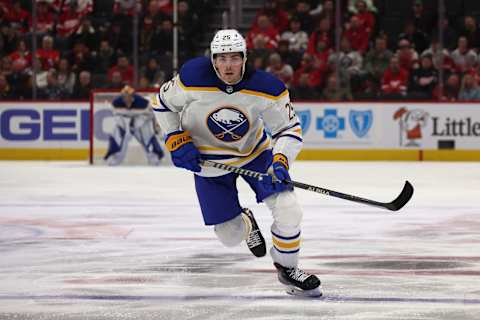 DETROIT, MICHIGAN – NOVEMBER 30: Owen Power #25 of the Buffalo Sabres skates against the Detroit Red Wings at Little Caesars Arena on November 30, 2022 in Detroit, Michigan. (Photo by Gregory Shamus/Getty Images)