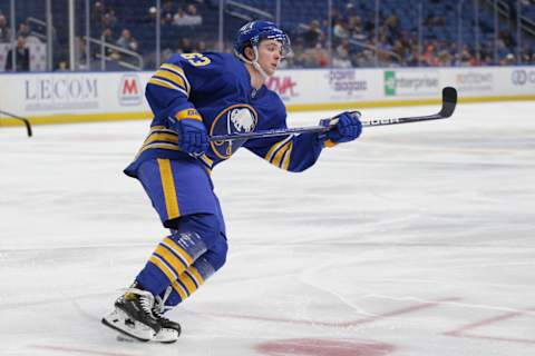 BUFFALO, NEW YORK – SEPTEMBER 27: Isak Rosen #63 of the Buffalo Sabres skates during the first period against the Philadelphia Flyers at KeyBank Center on September 27, 2022 in Buffalo, New York. (Photo by Joshua Bessex/Getty Images)