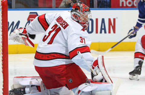 TORONTO, ON – FEBRUARY 7: Frederik Andersen #31 of the Carolina Hurricanes watches for a rebound against the Toronto Maple Leafs during an NHL game at Scotiabank Arena on February 7, 2022, in Toronto, Ontario, Canada. The Maple Leafs defeated the Hurricanes 4-3 in overtime. (Photo by Claus Andersen/Getty Images)