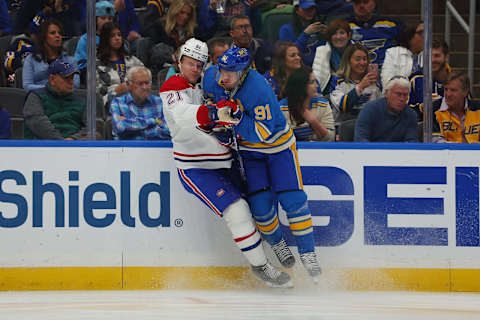 St. Louis Blues, Vladimir Tarasenko #91, Montreal Canadiens, Kaiden Guhle #21 (Photo by Dilip Vishwanat/Getty Images)