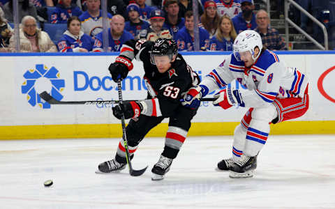 Mar 11, 2023; Buffalo, New York, USA; Buffalo Sabres left wing Jeff Skinner (53) takes a shot on goal as New York Rangers defenseman Jacob Trouba (8) defends during the second period at KeyBank Center. Mandatory Credit: Timothy T. Ludwig-USA TODAY Sports