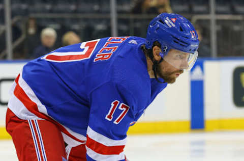 NEWARK, NJ – September 28: Blake Wheeler #17 of the New York Rangers during the preseason game against the New Jersey Devils on September 28, 2023 at Madison Square Garden in New York, New York. (Photo by Rich Graessle/Getty Images)