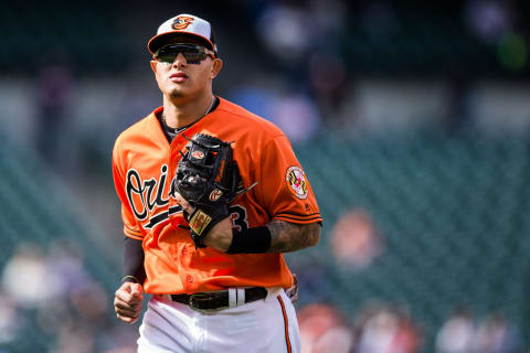 BALTIMORE, MD – APRIL 21: Manny Machado #13 of the Baltimore Orioles looks on during the game against the Cleveland Indians at Oriole Park at Camden Yards on Saturday, April 21, 2018 in Baltimore, Maryland (Photo by Rob Tringali/SportsChrome/Getty Images) *** Local Caption *** Manny Machado