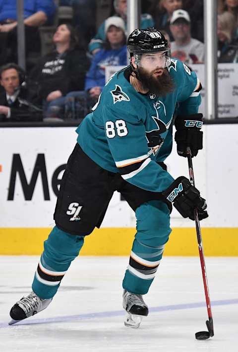 SAN JOSE, CA – MARCH 09: Brent Burns #88 of the San Jose Sharks skates with the puck against the St Louis Blues at SAP Center on March 9, 2019 in San Jose, California (Photo by Brandon Magnus/NHLI via Getty Images)