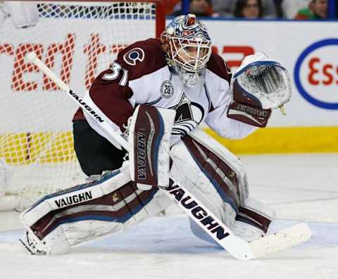 Feb 20, 2016; Edmonton, Alberta, CAN; Colorado Avalanche goaltender Calvin Pickard (31) follows the play against the Edmonton Oilers at Rexall Place. Mandatory Credit: Perry Nelson-USA TODAY Sports