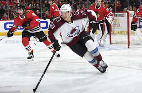 CHICAGO, IL – MARCH 20: Tyson Jost #17 of the Colorado Avalanche skates in the second period against the Chicago Blackhawks at the United Center on March 20, 2018 in Chicago, Illinois. The Colorado Avalanche defeated the Chicago Blackhawks 5-1. (Photo by Bill Smith/NHLI via Getty Images)