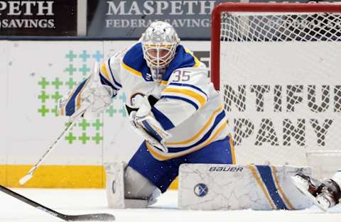 UNIONDALE, NEW YORK – FEBRUARY 22: Linus Ullmark #35 of the Buffalo Sabres skates against the New York Islanders at the Nassau Coliseum on February 22, 2021 in Uniondale, New York. (Photo by Bruce Bennett/Getty Images)