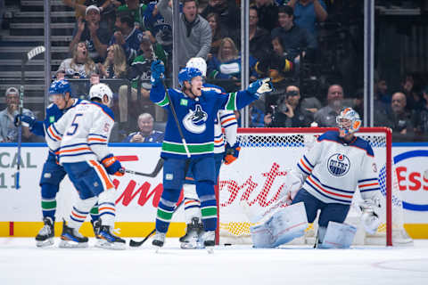 VANCOUVER, CANADA – OCTOBER 11: Brock Boeser #6 of the Vancouver Canucks celebrates after scoring his third goal on Jack Campbell #36 of the Edmonton Oilers during the second period of their NHL game at Rogers Arena on October 11, 2023 in Vancouver, British Columbia, Canada. (Photo by Derek Cain/Getty Images)