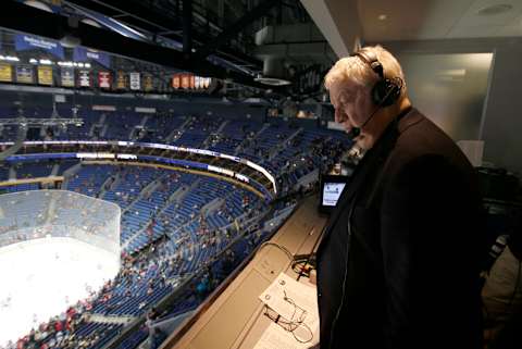 Nov 23, 2018; Buffalo, NY, USA; Buffalo Sabres play by play announcer Rick Jeanneret in the TV booth before announcing a game against the Montreal Canadiens at KeyBank Center. Mandatory Credit: Timothy T. Ludwig-USA TODAY Sports