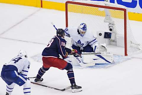 TORONTO, ONTARIO – AUGUST 06: Pierre-Luc Dubois #18 of the Columbus Blue Jackets  . (Photo by Andre Ringuette/Freestyle Photo/Getty Images)