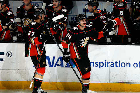 ANAHEIM, CA – NOVEMBER 12: Adam Henrique #14 and Rickard Rakell #67 of the Anaheim Ducks celebrate a second period goal with their teammates during the game against the Detroit Red Wings at Honda Center on November 12, 2019 in Anaheim, California. (Photo by Debora Robinson/NHLI via Getty Images)