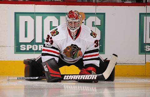 DENVER, CO – JANUARY 17: Goaltender Scott Darling #33 of the Chicago Blackhawks skates prior to the game against the Colorado Avalanche at the Pepsi Center on January 17, 2017 in Denver, Colorado. The Blackhawks defeated the Avalanche 6-4. (Photo by Michael Martin/NHLI via Getty Images)