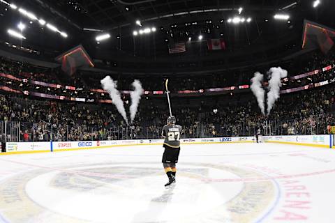 LAS VEGAS, NV – MARCH 06: Shea Theodore #27 of the Vegas Golden Knights celebrates after defeating the Calgary Flames at T-Mobile Arena on March 6, 2019 in Las Vegas, Nevada. (Photo by Jeff Bottari/NHLI via Getty Images)