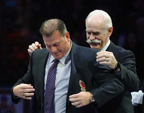 TORONTO, ON – NOVEMBER 12: Mark Recchi is honored for his induction into the Hall of Fame prior to the Legends Classic game at the Air Canada Centre on November 12, 2017 in Toronto, Canada. (Photo by Bruce Bennett/Getty Images)