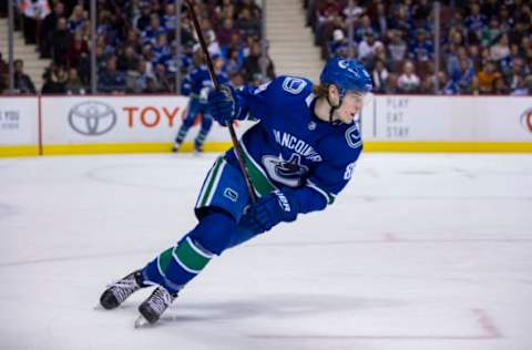 VANCOUVER, BC: Vancouver Canucks Center Adam Gaudette (88) skates against the Arizona Coyotes during the first period on April 05, 2018, at Rogers Arena in Vancouver, BC. (Photo by Bob Frid/Icon Sportswire via Getty Images)