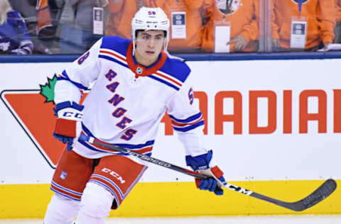 TORONTO, ON – MARCH 23: New York Rangers Defenceman John Gilmour (58) in warmups prior to the regular season NHL game between the New York Rangers and Toronto Maple Leafs on March 23, 2019 at Scotiabank Arena in Toronto, ON. (Photo by Gerry Angus/Icon Sportswire via Getty Images)