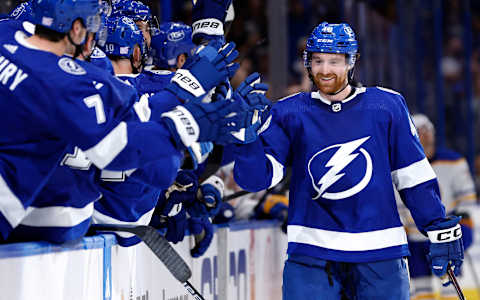 TAMPA, FLORIDA – NOVEMBER 05: Nick Perbix #48 of the Tampa Bay Lightning celebrates a goal during a game against the Buffalo Sabres at Amalie Arena on November 05, 2022 in Tampa, Florida. (Photo by Mike Ehrmann/Getty Images)