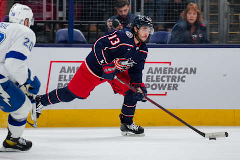 Nov 2, 2023; Columbus, Ohio, USA; Columbus Blue Jackets left wing Johnny Gaudreau (13) skates with the puck against the Tampa Bay Lightning in the third period at Nationwide Arena. Mandatory Credit: Aaron Doster-USA TODAY Sports