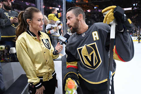 LAS VEGAS, NV – APRIL 04: Deryk Engelland #5 of the Vegas Golden Knights is interviewed by Ali Lozoff during warm-ups prior to a game against the Arizona Coyotes at T-Mobile Arena on April 4, 2019 in Las Vegas, Nevada. (Photo by Jeff Bottari/NHLI via Getty Images)