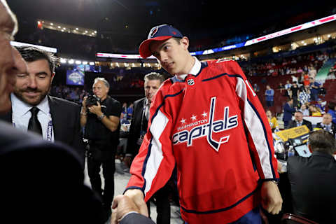 VANCOUVER, BRITISH COLUMBIA – JUNE 22: Brett Leason reacts after being selected 56th overall by the Washington Capitals during the 2019 NHL Draft at Rogers Arena on June 22, 2019 in Vancouver, Canada. (Photo by Bruce Bennett/Getty Images)