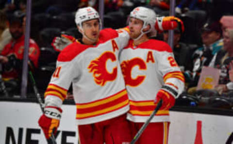 Mar 21, 2023; Anaheim, California, USA; Calgary Flames center Elias Lindholm (28) celebrates his power play goal scored against the Anaheim Ducks with center Mikael Backlund (11) during the third period at Honda Center. Backlund provided an assist on the goal. Mandatory Credit: Gary A. Vasquez-USA TODAY Sports