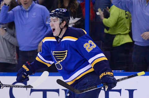 May 5, 2017; St. Louis, MO, USA; St. Louis Blues right wing Dmitrij Jaskin (23) celebrates after scoring a goal against the Nashville Predators during the second period in game five of the second round of the 2017 Stanley Cup Playoffs at Scottrade Center. Mandatory Credit: Jeff Curry-USA TODAY Sports