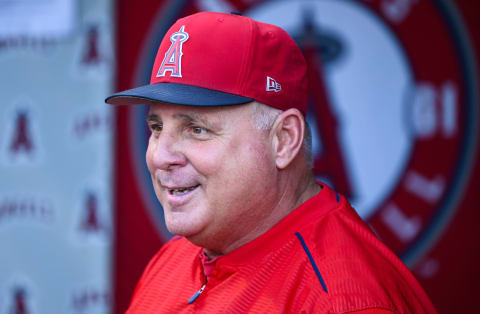 Aug 25, 2018; Anaheim, CA, USA; Los Angeles Angels manager Mike Scioscia talks to reporters before the start of the Angels game against the Houston Astros at Angel Stadium of Anaheim. Mandatory Credit: Robert Hanashiro-USA TODAY Sports