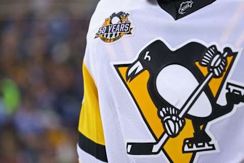 Feb 17, 2017; Columbus, OH, USA; A view of the Pittsburgh Penguins logo on a jersey at Nationwide Arena. The Blue Jackets won 2-1 in overtime. Mandatory Credit: Aaron Doster-USA TODAY Sports