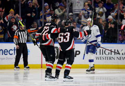 Mar 4, 2023; Buffalo, New York, USA; Buffalo Sabres left wing Jeff Skinner (53) celebrates his goal with center Tage Thompson (72) during the third period against the Tampa Bay Lightning at KeyBank Center. Mandatory Credit: Timothy T. Ludwig-USA TODAY Sports