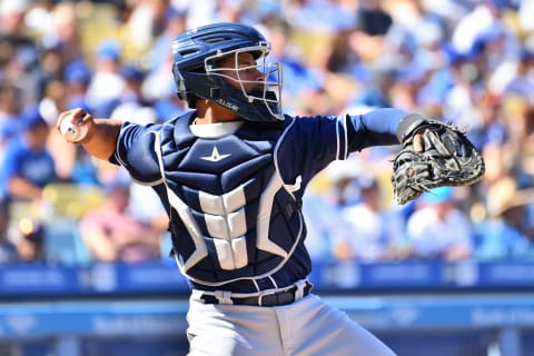 LOS ANGELES, CA – SEPTEMBER 23: San Diego Padres catcher Francisco Mejjia (27) throws to second base during a MLB game between the San Diego Padres and the Los Angeles Dodgers on September 23, 2018 at Dodger Stadium in Los Angeles, CA. (Photo by Brian Rothmuller/Icon Sportswire via Getty Images)