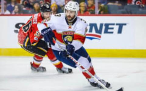 Jan 17, 2017; Calgary, Alberta, CAN; Florida Panthers defenseman Keith Yandle (3) skates with the puck against the Calgary Flames during the first period at Scotiabank Saddledome. Mandatory Credit: Sergei Belski-USA TODAY Sports