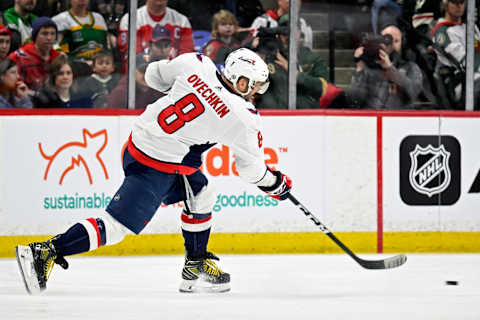 Mar 19, 2023; Saint Paul, Minnesota, USA; Washington Capitals forward Alex Ovechkin (8) scores a power play goal against the Minnesota Wild during the second period at Xcel Energy Center. Mandatory Credit: Nick Wosika-USA TODAY Sports