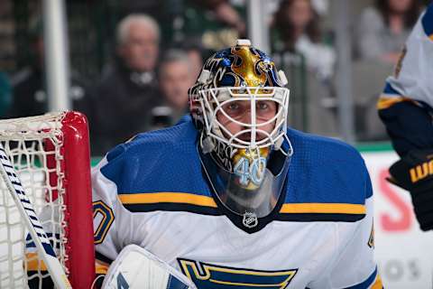 DALLAS, TX – MARCH 3: Carter Hutton #40 of the St. Louis Blues tends goal against the Dallas Stars at the American Airlines Center on March 3, 2018 in Dallas, Texas. (Photo by Glenn James/NHLI via Getty Images)