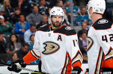 SAN JOSE, CA – APRIL 16: Ryan Kesler #17 of the Anaheim Ducks looks on during the game against the San Jose Sharks in Game Three of the Western Conference First Round during the 2018 NHL Stanley Cup Playoffs at SAP Center on April 16, 2018, in San Jose, California. (Photo by Rocky W. Widner/NHL/Getty Images) *** Local Caption *** Ryan Kesler