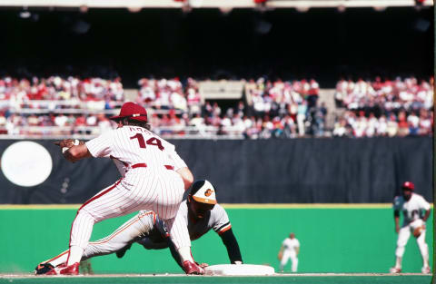 Pete Rose, 1B on the 1983 Philadelphia Phillies. (Photo by Rich Pilling/Getty Images)