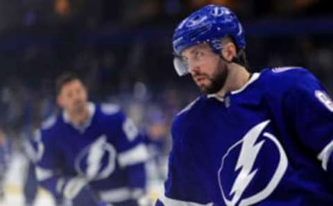 TAMPA, FLORIDA – FEBRUARY 25: Nikita Kucherov #86 of the Tampa Bay Lightning warms up during a game against the Los Angeles Kings at Amalie Arena on February 25, 2019 in Tampa, Florida. (Photo by Mike Ehrmann/Getty Images)