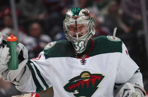 DENVER, CO – MARCH 02: Goaltender Alex Stalock #32 of the Minnesota Wild takes a drink against the Colorado Avalanche at the Pepsi Center on March 2, 2018 in Denver, Colorado. The Avalanche defeated the Wild 7-1. (Photo by Michael Martin/NHLI via Getty Images)