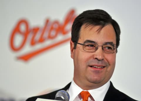 Dan Duqquette, the executive vice president of baseball operations for the Baltimore Orioles, speaks at a news conference in Baltimore on November 8, 2011. (Amy Davis/Baltimore Sun/TNS via Getty Images)