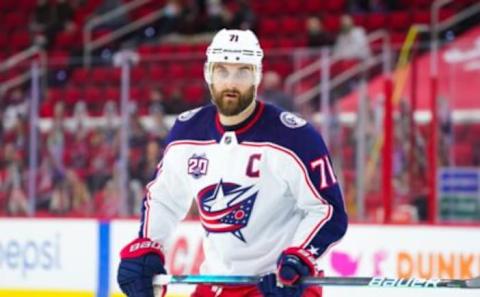 Mar 18, 2021; Raleigh, North Carolina, USA; Columbus Blue Jackets left wing Nick Foligno (71) looks on against the Carolina Hurricanes at PNC Arena. Mandatory Credit: James Guillory-USA TODAY Sports