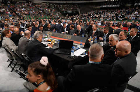 DALLAS, TX: A general view of the Anaheim Ducks draft table is seen during the first round of the 2018 NHL Draft at American Airlines Center on June 22, 2018 in Dallas, Texas. (Photo by Brian Babineau/NHLI via Getty Images)