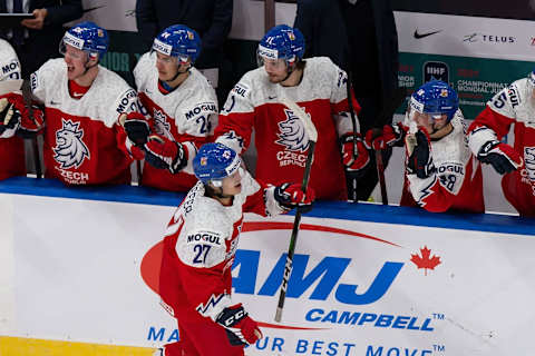 Czech Republic celebrates after scoring a goal against Russia during the 2021 IIHF World Junior Championship . (Photo by Codie McLachlan/Getty Images)